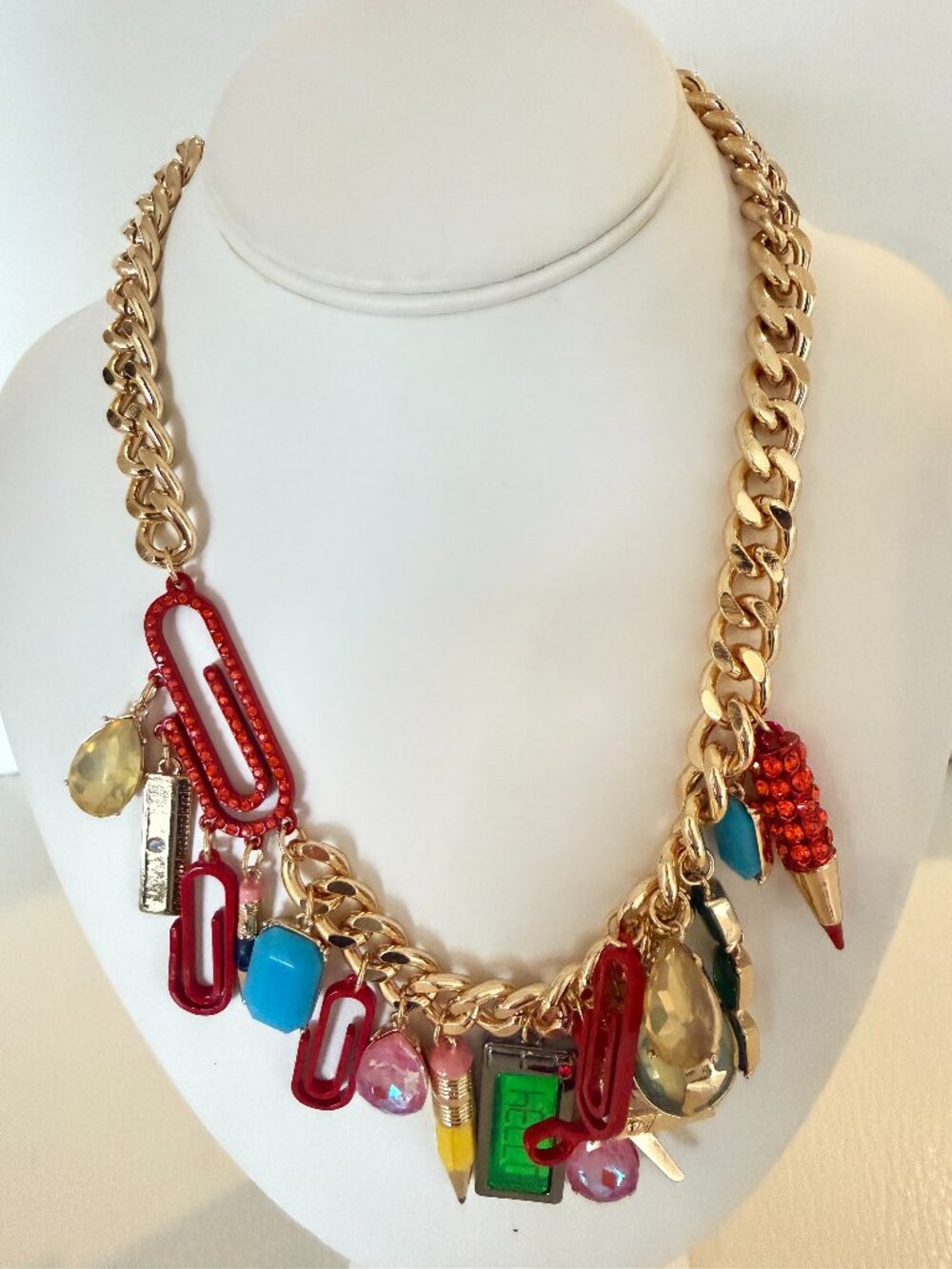 NWT Betsey Johnson Back To School Charm Statement Necklace Teacher Gold Tone - Picture 3 of 5